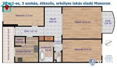 70 m2-es, 3 szobás, étkezős, erkélyes lakás eladó Monoron